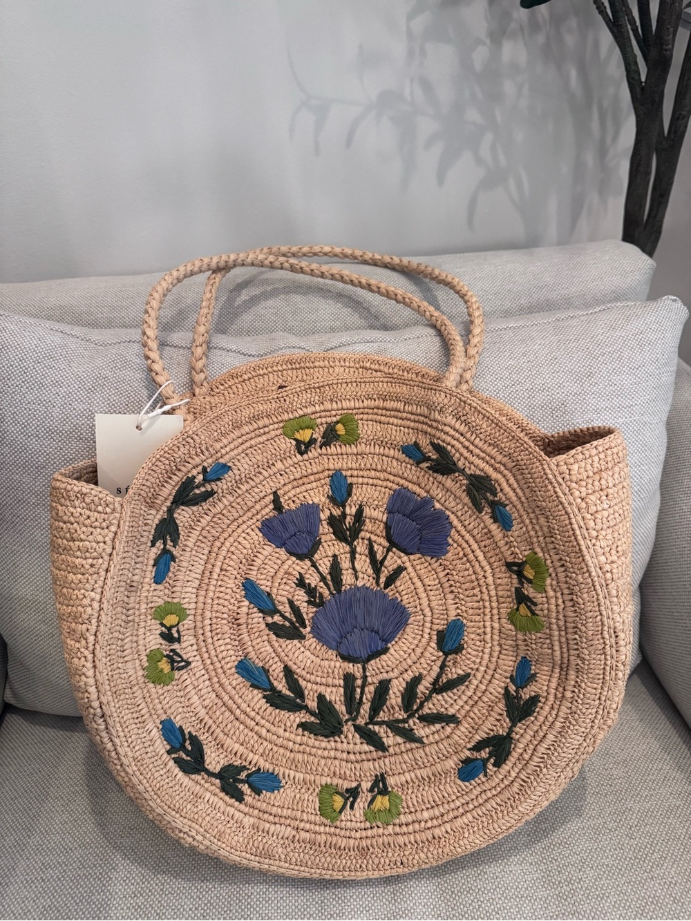 NWT Sezane June Basket in RAFFIA EMBROIDERY MULTICOLOURED FLOWERS